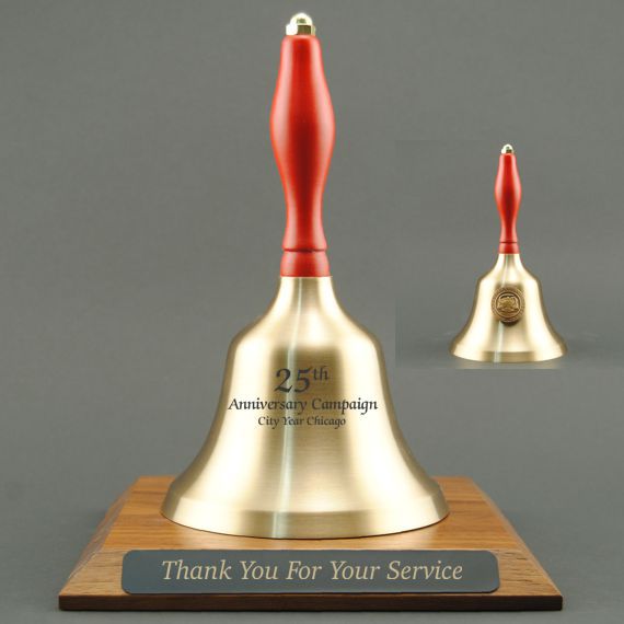 Teacher Recognition Hand Bell with Red Handle, Base & Medallion - Bell & Plate Personalization