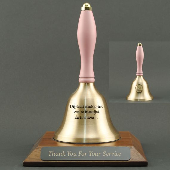 Teacher Recognition Hand Bell with Pink Handle, Base & Medallion - Bell & Plate Personalization