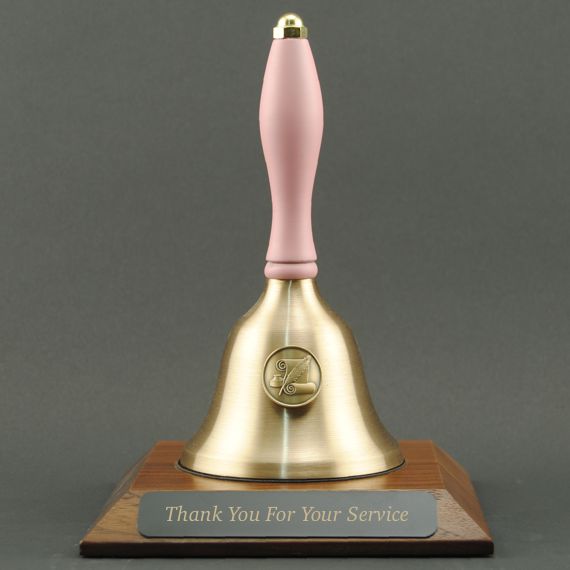 Teacher Recognition Hand Bell with Pink Handle, Base & Medallion - Plate Personalization