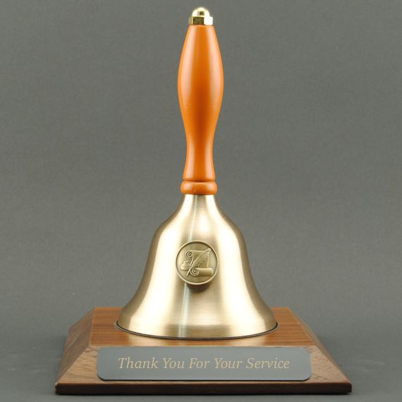 Teacher Recognition Hand Bell with Orange Handle, Base & Medallion - Plate Personalization