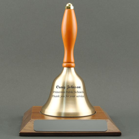 Teacher Appreciation Hand Bell with Orange Handle and Base - Engraved Bell
