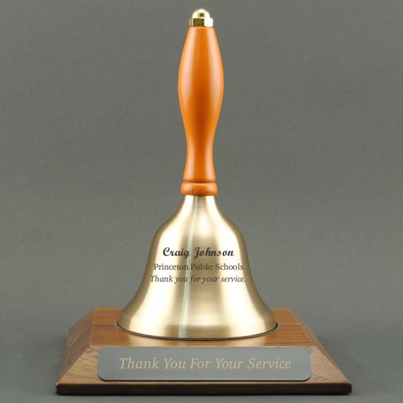 Teacher Appreciation Hand Bell with Orange Handle and Base - All Engraving Included