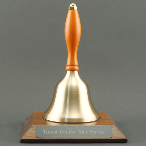 Gold Teacher Recognition Hand Bell with Orange Handle and Base - Engraved Plate