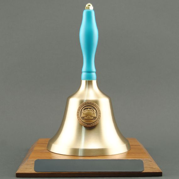 Teacher Recognition Hand Bell with Light Blue Handle, Base & Medallion - No Personalization