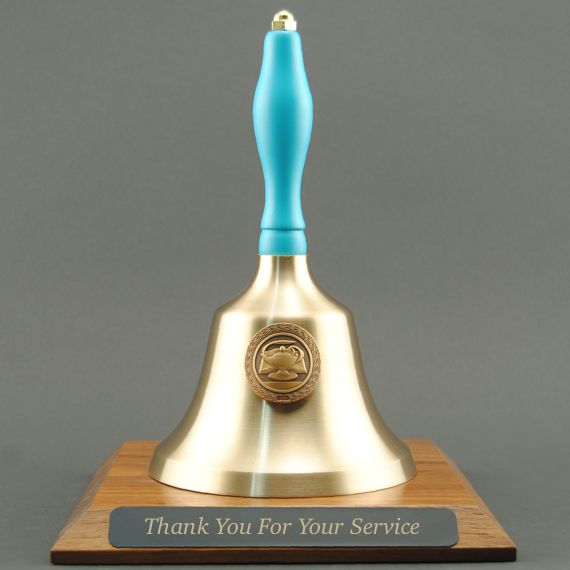 Teacher Recognition Hand Bell with Light Blue Handle, Base & Medallion - Plate Personalization