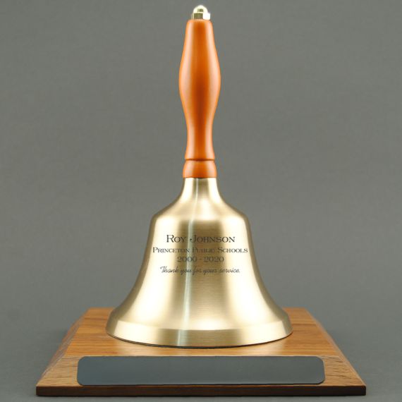 Teacher Gift Hand Bell with Orange Handle and Base - Engraved Bell