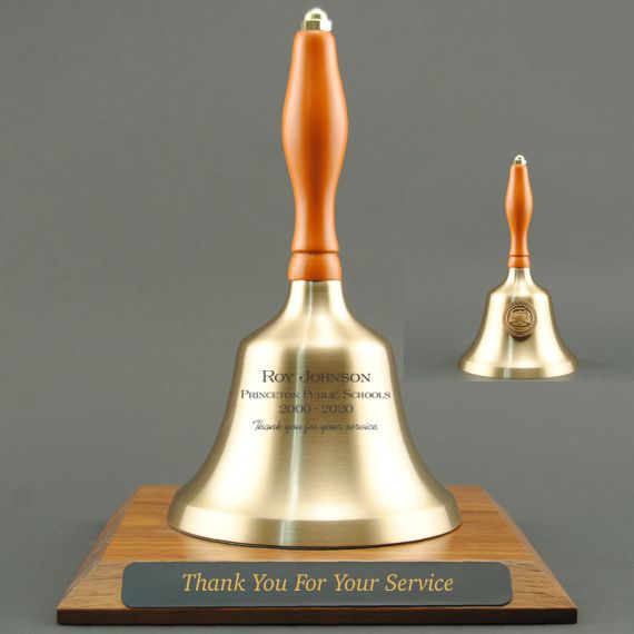 Teacher Recognition Hand Bell with Orange Handle, Base & Medallion - Bell & Plate Personalization
