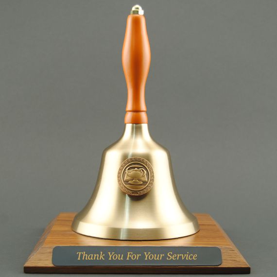 Teacher Recognition Hand Bell with Orange Handle, Base & Medallion - Plate Personalization