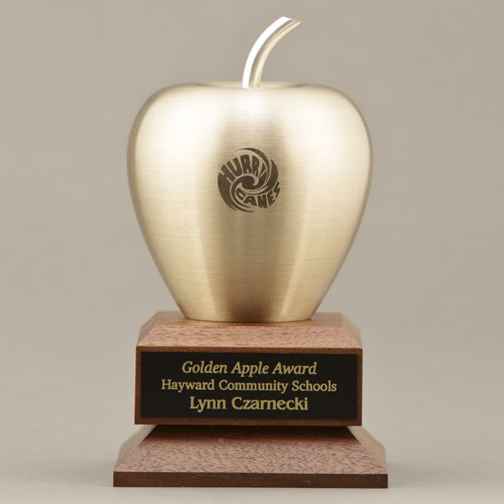 Custom Engraved Brass Apple on Engraved Walnut Base as a Retirement Award