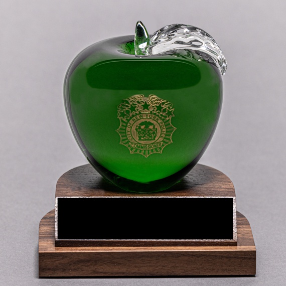 Etched Green Glass Apple on Base as a Preceptor Desk Award