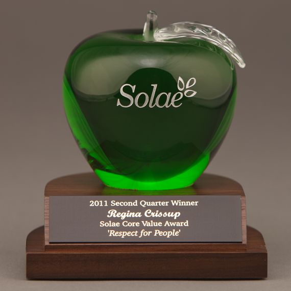 Etched Green Optical Crystal Apple on Walnut Base