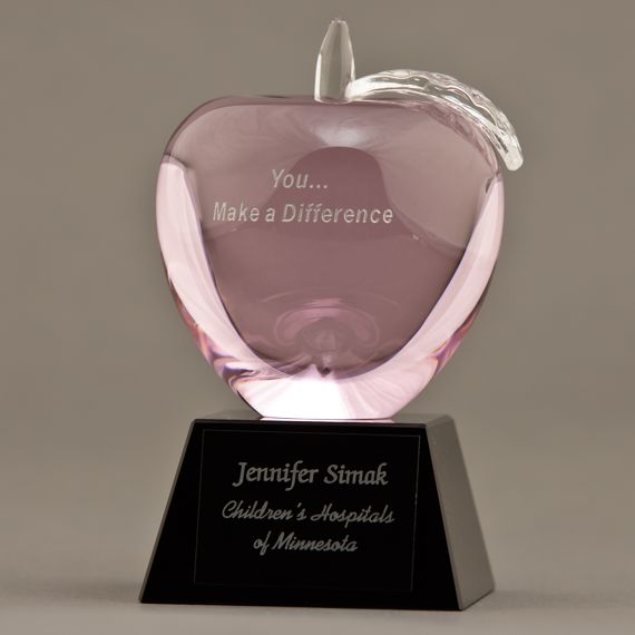 Etched Pink Crystal Apple on Engraved Base - Healthcare Breast Cancer