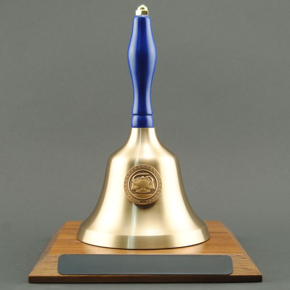 Teacher Appreciation Hand Bell with Blue Handle, Base & Medallion - No Personalization