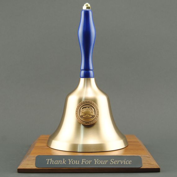Teacher Appreciation Hand Bell with Blue Handle, Base & Medallion - Plate Personalization