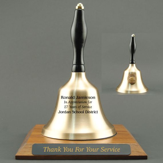 Employee Recognition Hand Bell with Black Handle, Base & Medallion - Bell & Plate Personalization