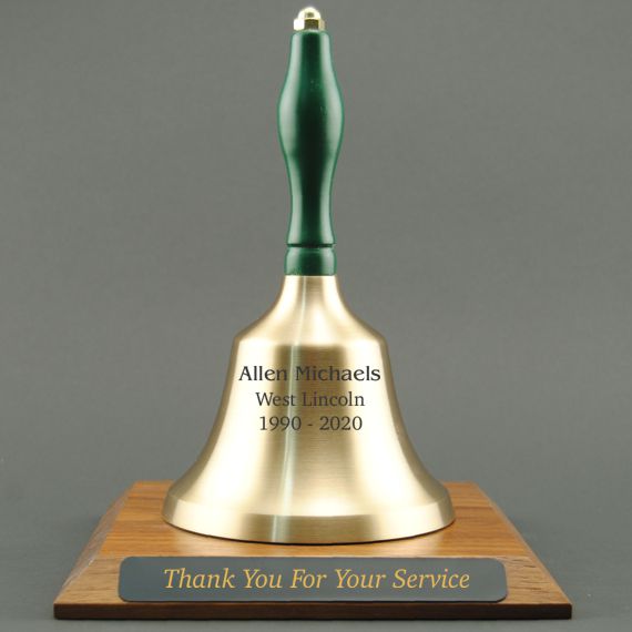 Teacher Appreciation Hand Bell with Green Handle and Base - All Engraving Included