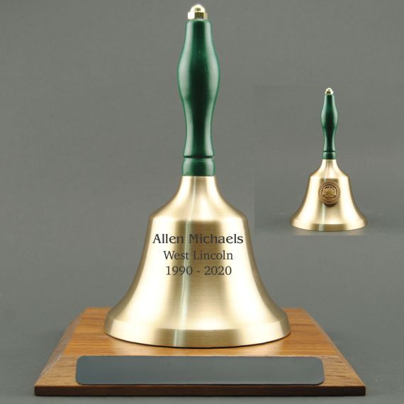 Teacher Recognition Hand Bell with Green Handle, Base & Medallion - Bell Personalization