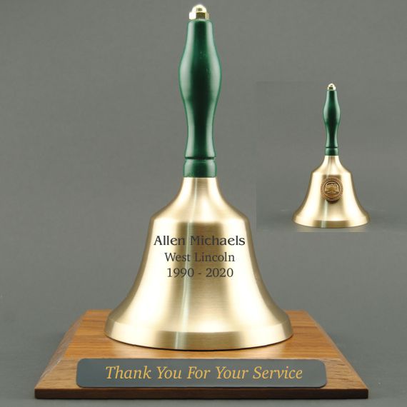 Teacher Recognition Hand Bell with Green Handle, Base & Medallion - Bell & Plate Personalization