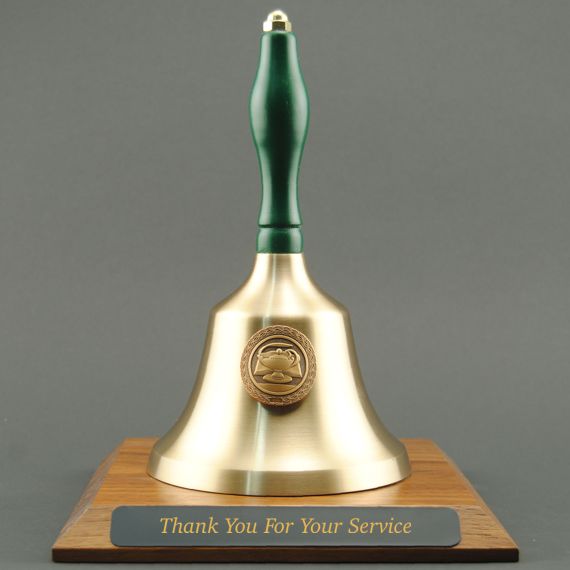Teacher Recognition Hand Bell with Green Handle, Base & Medallion - Plate Personalization