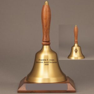 Teacher Gratitude Hand Bell with Walnut Handle, Base & Medallion - Bell Personalization