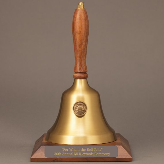 Teacher Retirement Hand Bell with Walnut Handle, Base & Medallion - Plate Personalization