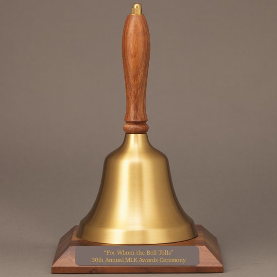 Gold Teacher Recognition Hand Bell with Walnut Handle and Base - Engraved Plate