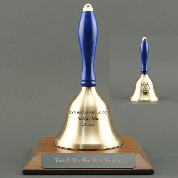 Teacher Recognition Hand Bell with Blue Handle, Base & Medallion - Bell & Plate Personalization