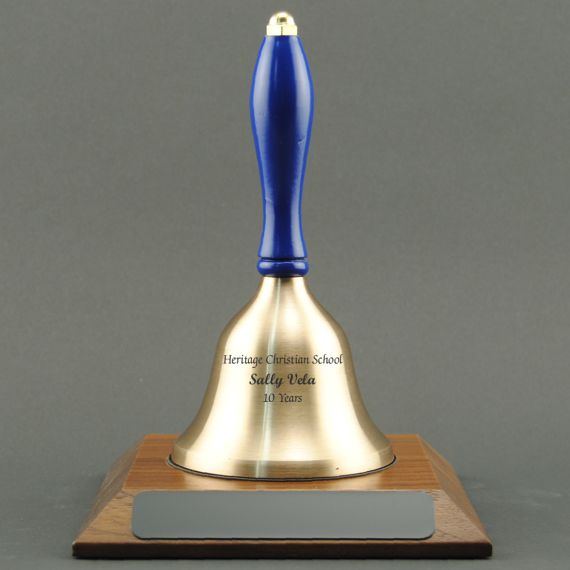 Teacher Appreciation Hand Bell with Blue Handle and Base - Engraved Bell