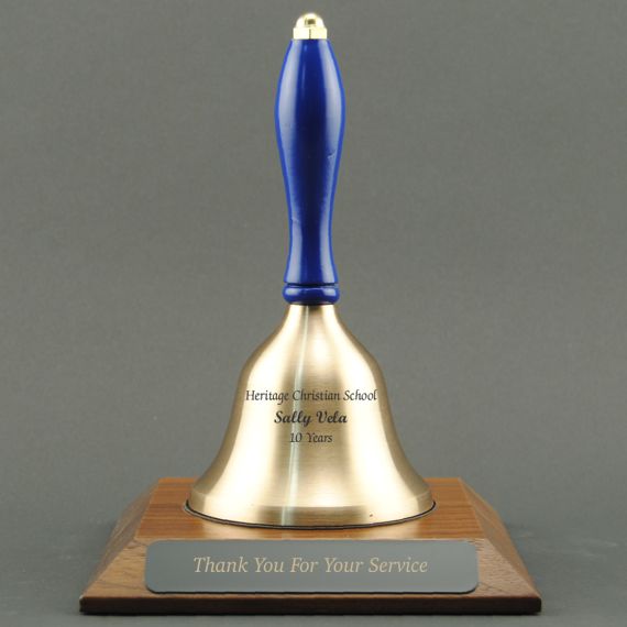 Teacher Appreciation Hand Bell with Blue Handle and Base - All Engraving Included