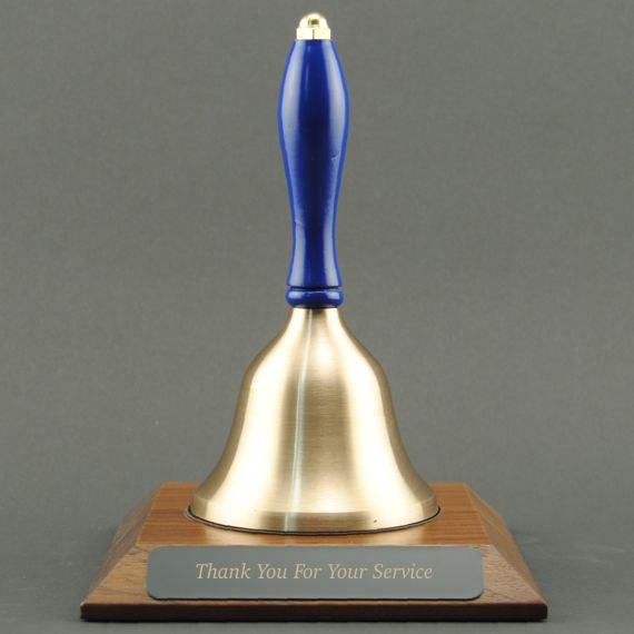 Golden Teacher Recognition Hand Bell with Blue Handle and Base - Engraved Plate