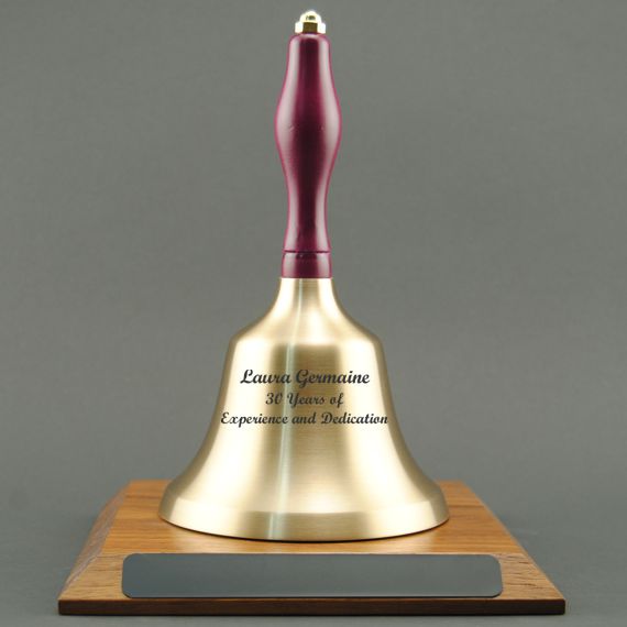 Teacher Retirement Gift Hand Bell with Purple Handle and Base - Engraved Bell