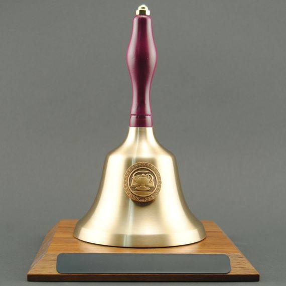 Teacher Retirement Hand Bell with Purple Handle, Base & Medallion - No Personalization