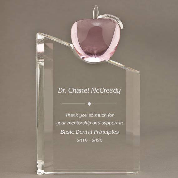 Pink Apple on Etched Crystal Pillar - Cancer Nurses Award