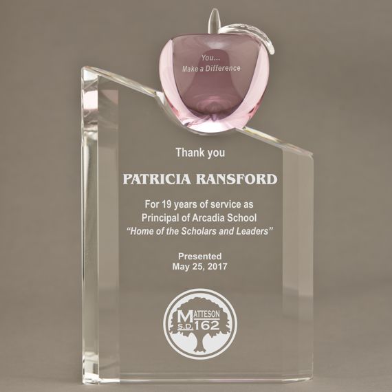 Etched Pink Apple Crystal Pillar - Cancer Nurses Award