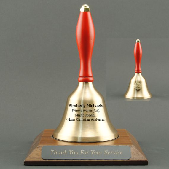 Teacher Recognition Hand Bell with Red Handle, Base & Medallion - Bell & Plate Personalization