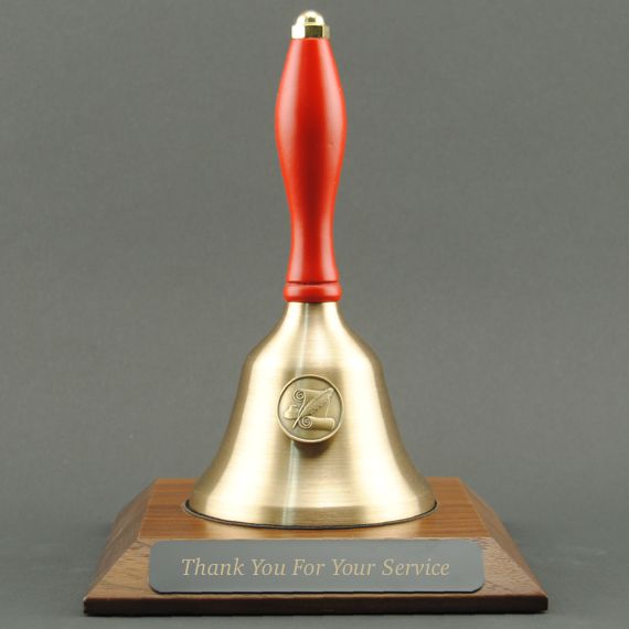 Teacher Recognition Hand Bell with Red Handle, Base & Medallion - Plate Personalization