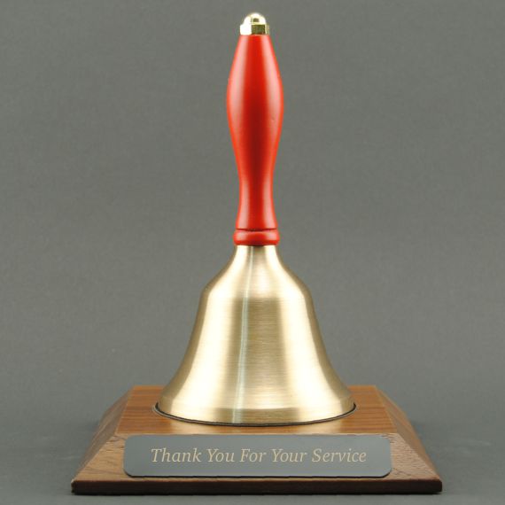 Gold Teacher Recognition Hand Bell with Red Handle and Base - Engraved Plate