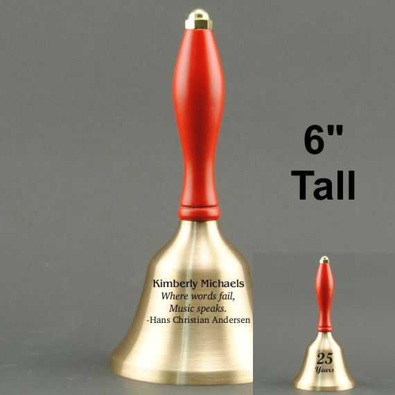 Golden Teacher Recognition Hand Bell with Red Handle - 2 Sided Personalization