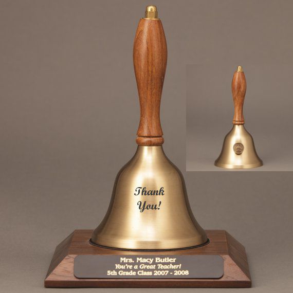 Teacher Recognition Hand Bell with Walnut Handle, Base & Medallion - Bell & Plate Personalization