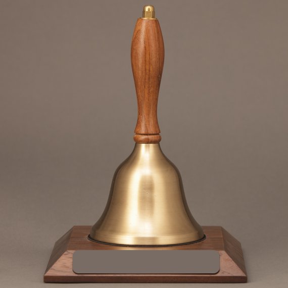 Gold Retiring Teacher Appreciation Hand Bell with Walnut Handle and Base - Non-Engraved