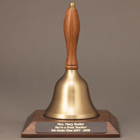Gold Retiring Teacher Recognition Hand Bell with Walnut Handle and Base - Engraved Plate