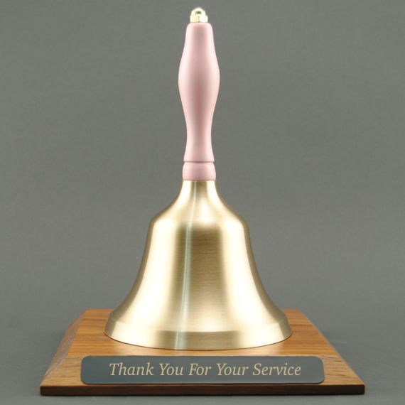 Teacher Retirement Hand Bell with Pink Handle and Base - Engraved Plate