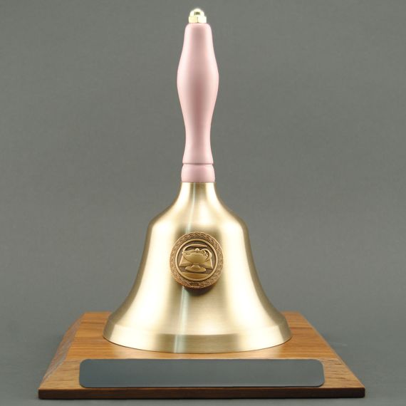 Teacher Retirement Hand Bell with Pink Handle, Base & Medallion - No Personalization