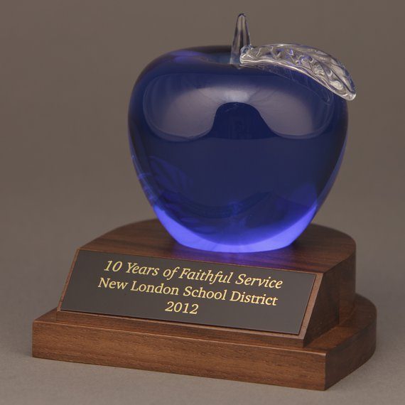 Blue Optical Crystal Apple on Walnut Wood Base
