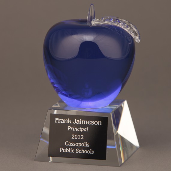 Blue Crystal Apple Trophy for a Principal Retirement Gift Idea