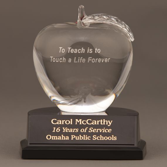 "To Teach is to Touch a Life Forever" Etched Optical Crystal Apple on Black Alamar Base - Personaliz