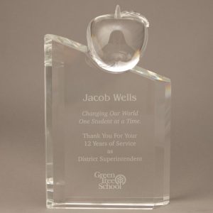 Etched Crystal Pillar with Crystal Apple Attached to Show Teacher Appreciation