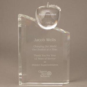 Etched Crystal Pillar with Etched Crystal Apple Attached to Show Teacher Appreciation