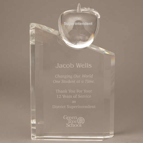 Etched Crystal Pillar with Etched Crystal Apple Attached to Show Teacher Appreciation