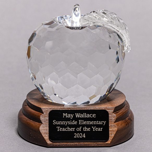 Diamond Cut Optical Crystal Apple with Leaf on Walnut Base